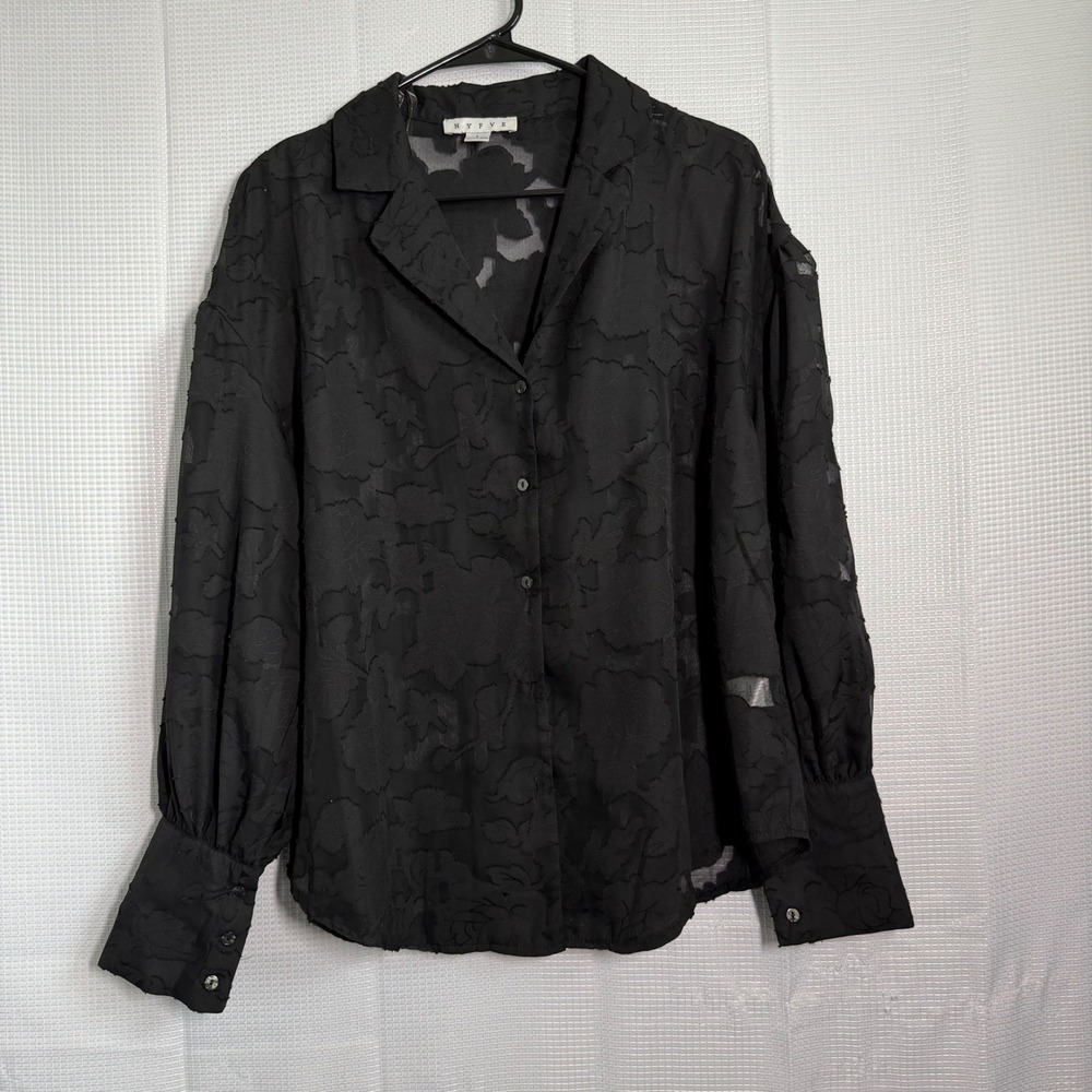 HYFVE Women's Large Black Sheer Floral Burnout Button Front Puff Sleeve Blouse